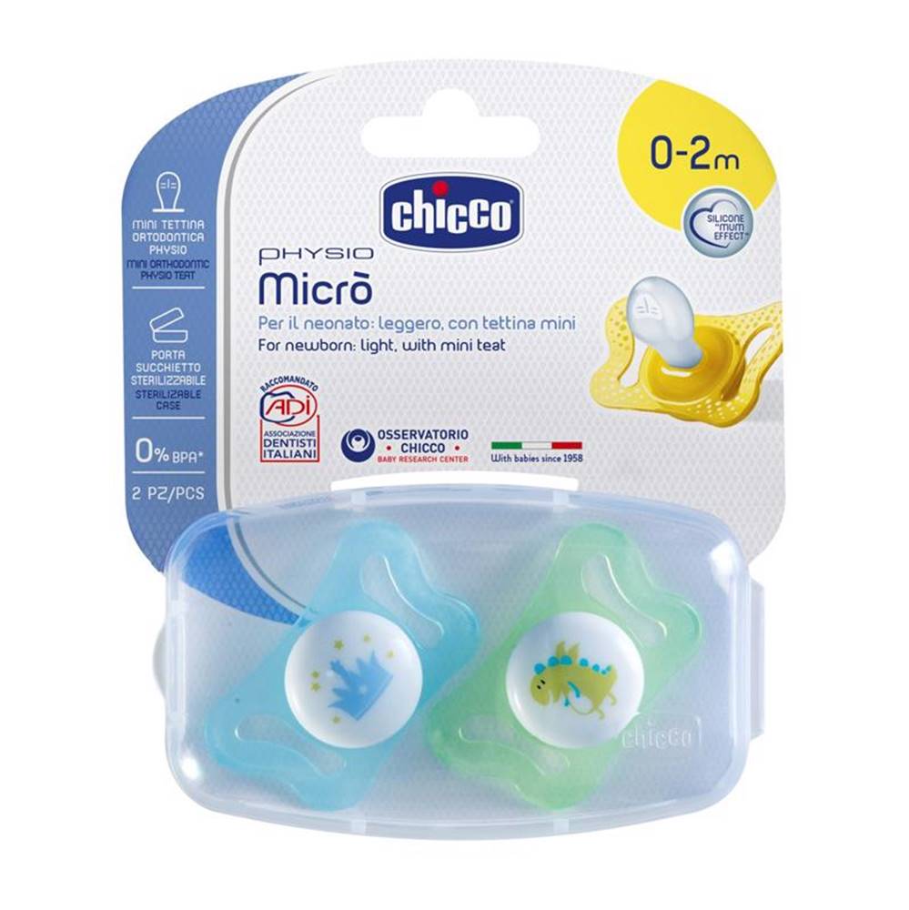 Chicco Chicco Cumlík Physio Micro, silikónový, 0-2m+, modrá, 2ks